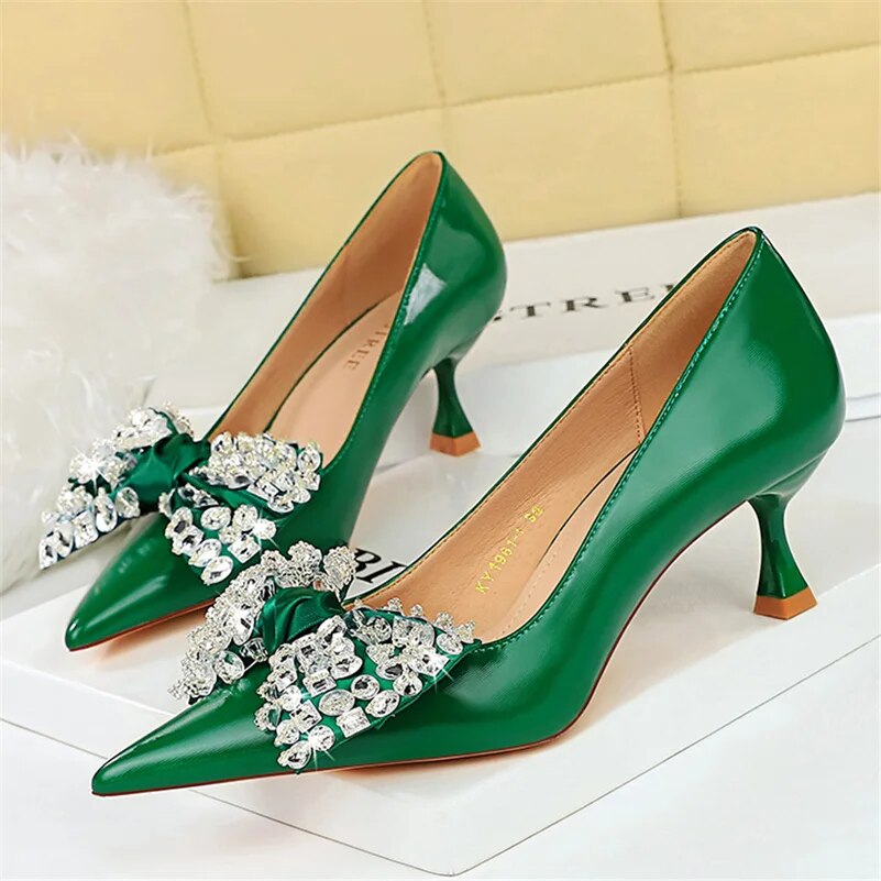 Women 5.5cm High Heels Green Pumps Lady Plus Size 34-43 Wedding Middle Low Kitten Heels Bling Crystal Rhinestone Party Bow Shoes