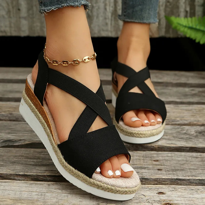 Summer Wedge Sandals for Women Non-Slip Platform Gladiator Shoes Woman Flock Cross Strap Sandalias De Mujer Plus Size 43