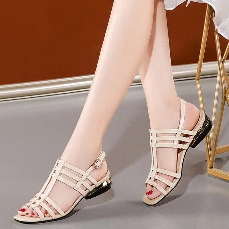 Ddbos Low Heel Sandals Women Patent Leather Hollow Out Summer Women's Shoes New Soft Sole Fashion Ladies Roman Sandal 40