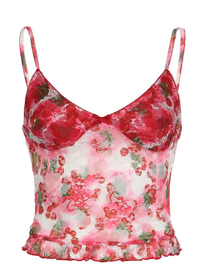 Ddbos - Floral Printed Mesh Mini Camisole Top