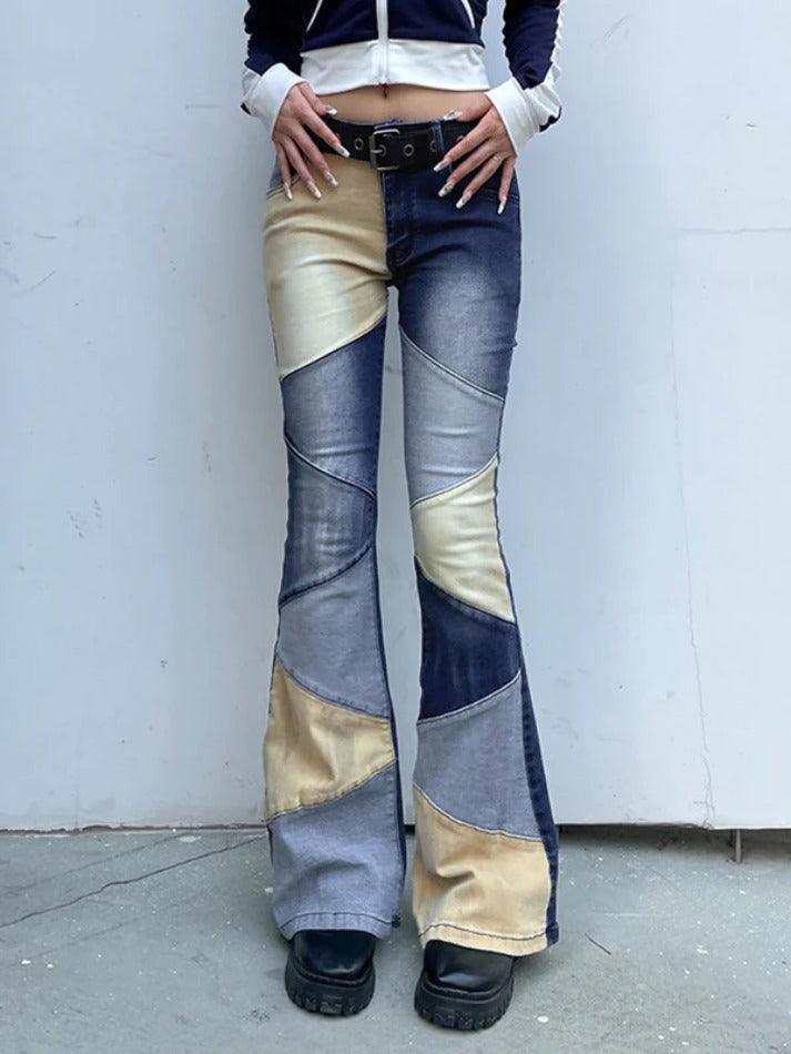 Ddbos - Mix Color Denim Irregular Splice Flare Jeans