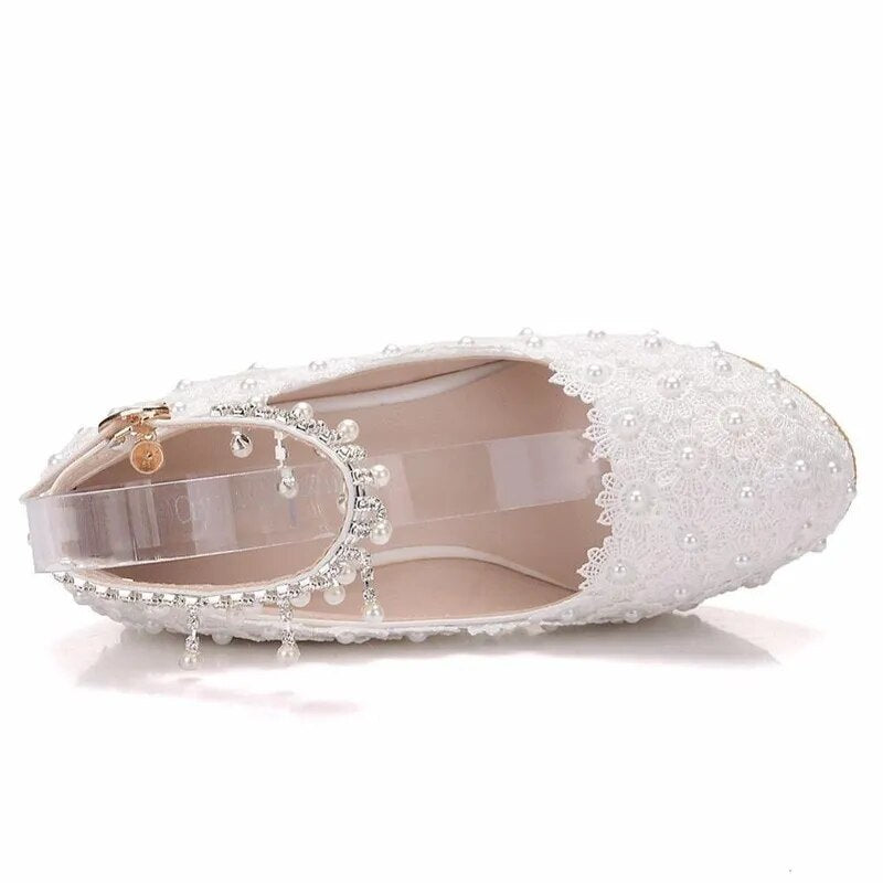 Ddbos Crystal Queen White Wedges Wedding Pumps Sweet White Flower Lace Pearl Platform Pump Shoes Classic Bride Dress High Heeled Lady