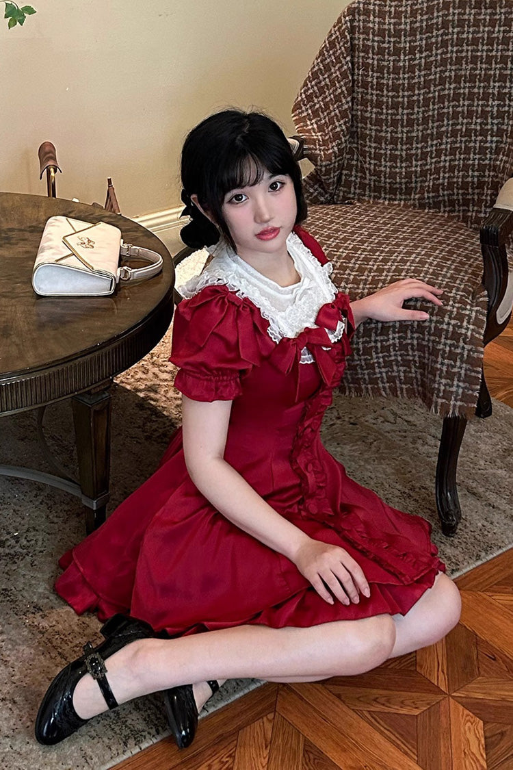 Ddbos - Wine Red Annie's Gift Short Sleeves Bowknot Short Version Sweet Lolita Dress (Plus Size Support)