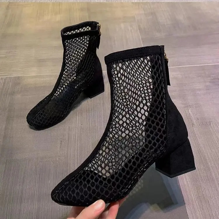 Ddbos New Air Mesh Net Bling Women Shoes Summer Ankle Boots Thin High Heels Sexy Sandal Chelsea Boots Female