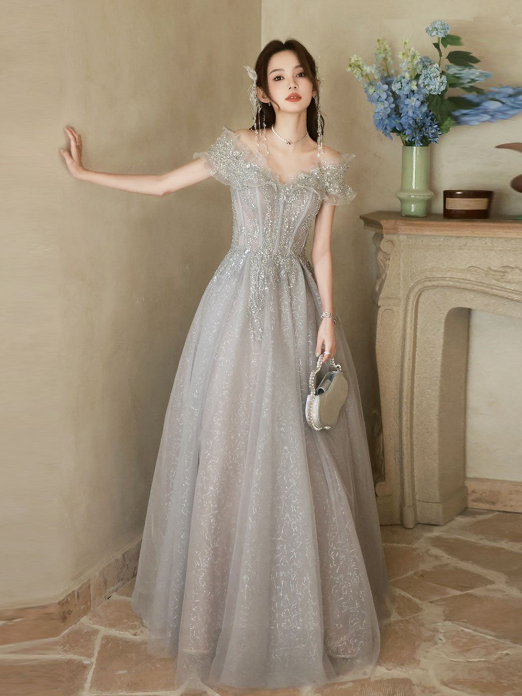 Ddbos A-Line Off Shoulder Tulle Sequin Gray Long Prom Dress, Gray Formal Dress