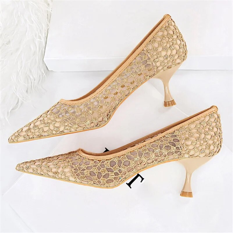 Ddbos Women Fetish 5.5cm High Heels Mesh Pumps Wedding Bridal Sexy Wine Red Low Heels Lady Scarpins Lace Office Party Quality Shoes