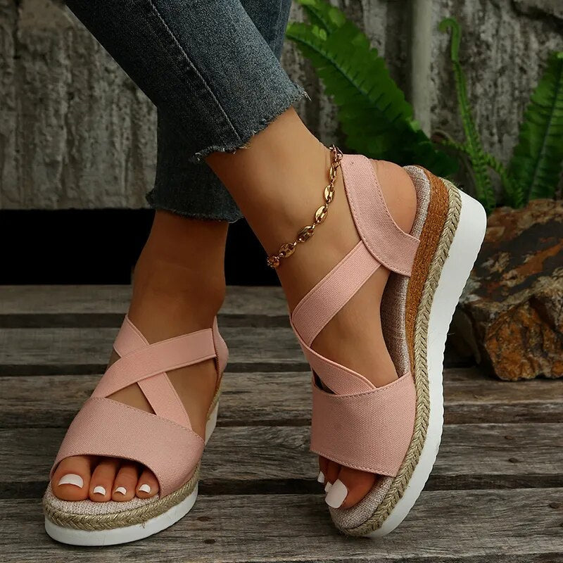 Ddbos Summer Wedge Sandals for Women Non-Slip Platform Gladiator Shoes Woman Flock Cross Strap Sandalias De Mujer Plus Size 43