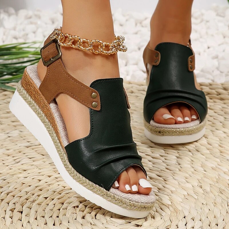 Ddbos Pleated PU Leather Wedge Sandals for Women Back Strap Espadrilles Platform Sandles Woman Summer Thick Bottom Peep Toe Shoes