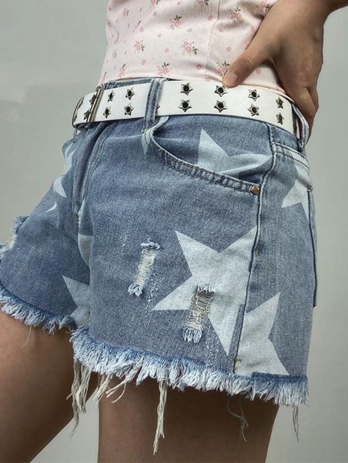 Ddbos - Random Star Print Ripped Low Rise Denim Shorts