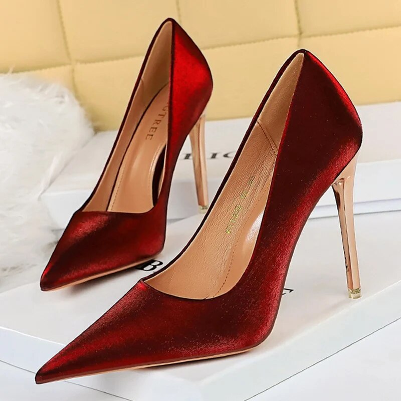 Ddbos Women 10.5cm High Heels Silk Pumps Wedding Bridal Stiletto Wine Red Blue Heels Lady Scarpins Office Party Stripper Satin Shoes