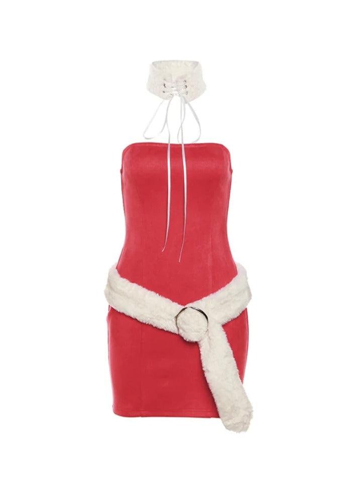 Ddbos - Solid Bandeau With Fuzzy Belted Choker Mini Dress