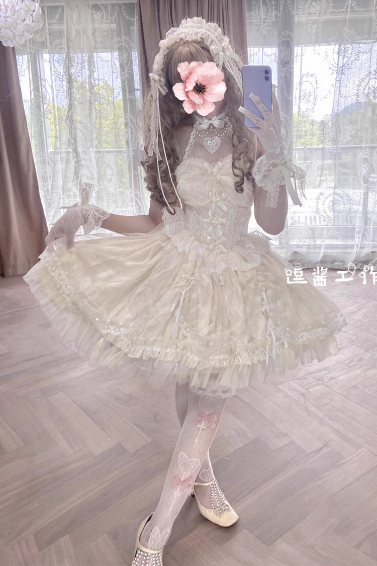 Ddbos - Ivory Ballet Dream Halterneck Ruffle Bowknot Lace Mesh Sweet Lolita Dress