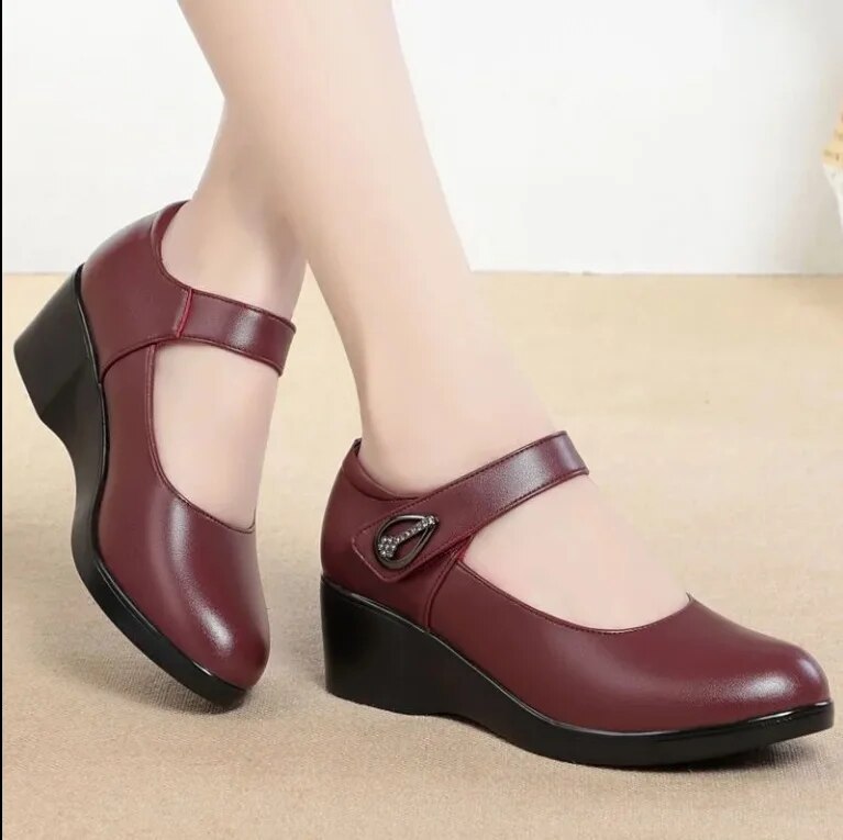 Ddbos Women Classic Wine Red Height Increased Round Toe Buckle Strap Heel Shoes Lady Fashion Comfort Summer Party Pump