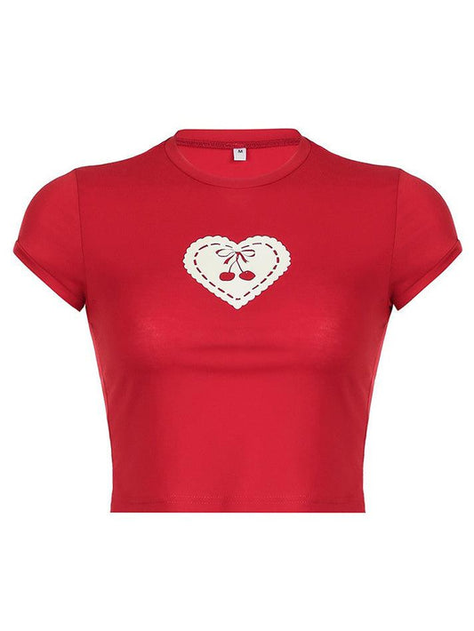 Ddbos - Embroidered Cherry Heart Baby Tee