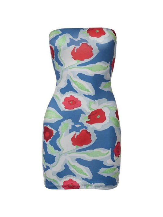 Ddbos - Vintage Floral Print Backless Bandeau Mini Dress