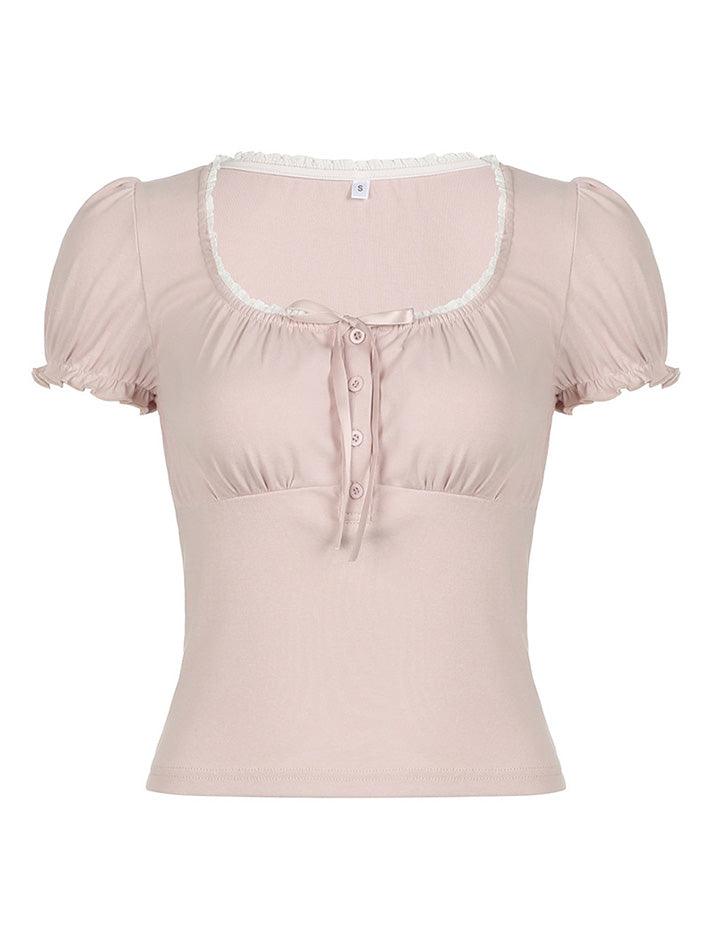 Ddbos - Ruffled-Trim Ribbon Bow Accent Slim-Fit Crop Top