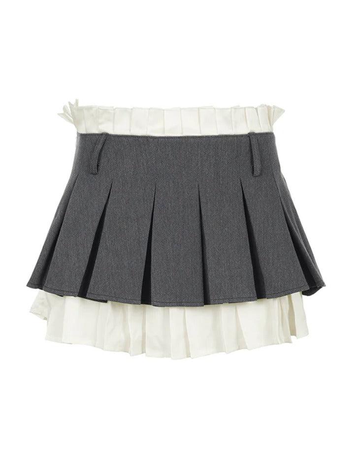 Contrast Paperbag Waist Splice Pleated Mini Skirt