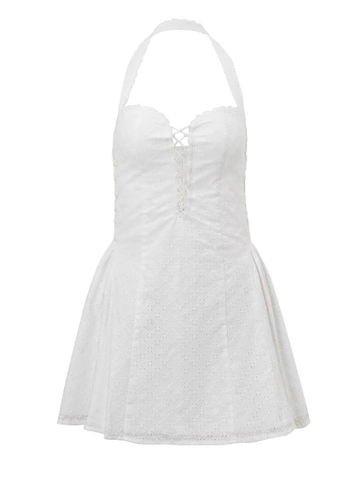 Ddbos - Cotton Backless Tie Up Halter Short Dress