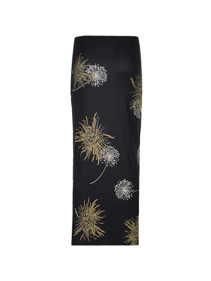 Ddbos - Flower Print Split Midi Skirt