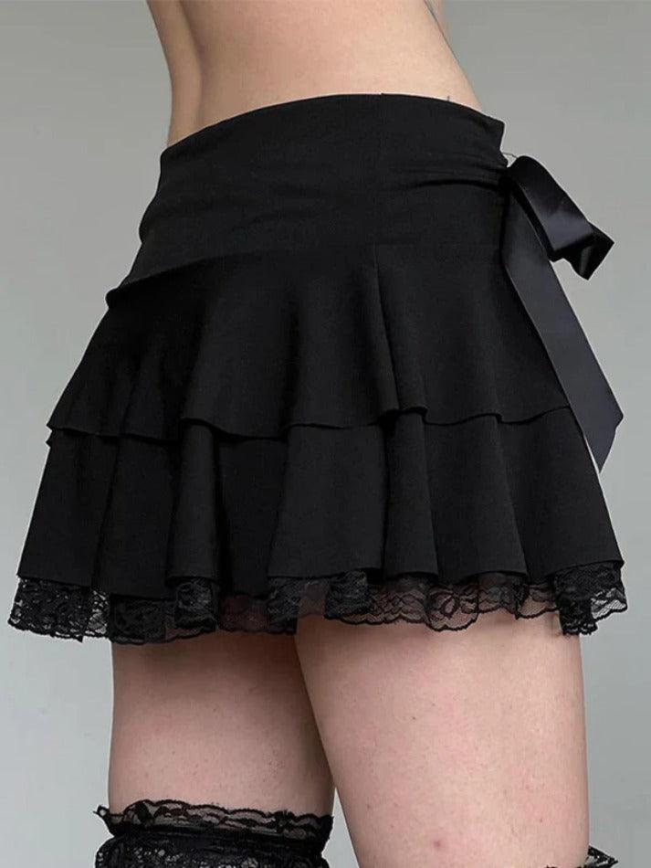 Ddbos - Bow Lace Splice Low Rise Tiered Mini Skirt