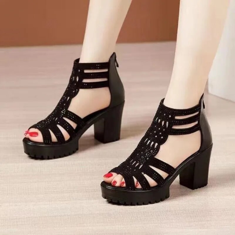 Ddbos High Heels Gladiator Sandals Woman Open Head Sexy Black Rivet Block Heel Platform Shoes Summer Back Zip Size 35-40 Women Sandals