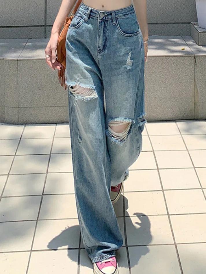 Ddbos - Vintage Wash Loose Ripped Jeans