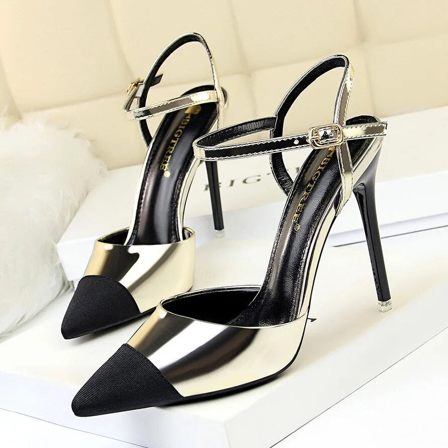 Ddbos Women 11cm High Heels Sandals Lady Metallic Gray Stripper Ankle Strap Cap Toe Sandles Wedding Fetish Nightclub Gold Office Shoes