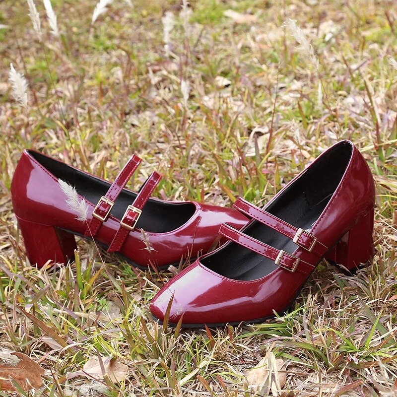 Ddbos Spring Autumn Women Double Buckle Mary Janes Shoes Patent Leather Dress Shoes High Heels Pumps Retro Ladies Shoe Black Red