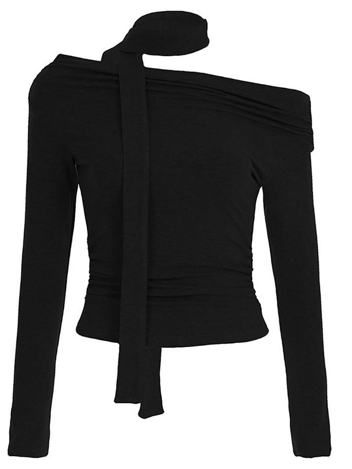 Ddbos - Long Sleeve Off-Shoulder Knotted Slim-Fit Crop Top