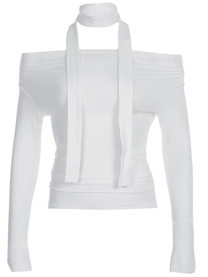 Ddbos - Long Sleeve Off-Shoulder Knotted Slim-Fit Crop Top