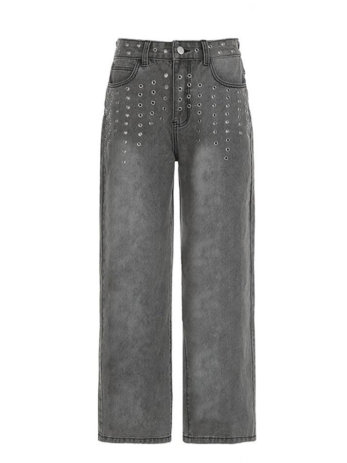 Ddbos - Washed Low Rise Baggy Grey Eyelet Jeans