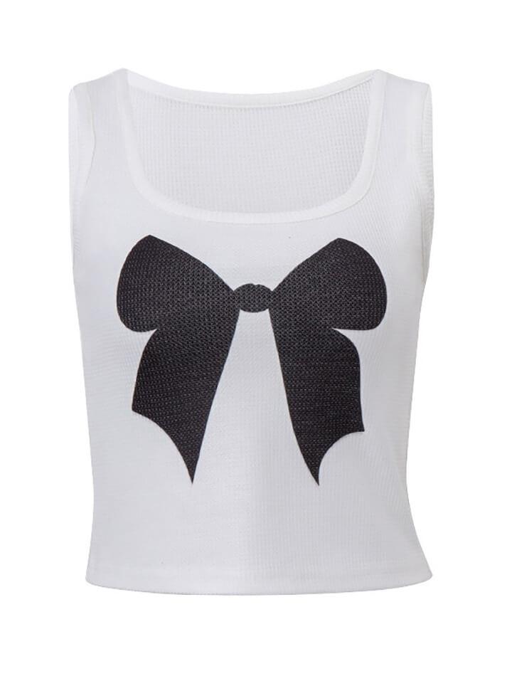 Ddbos - Bow Print Ribbed Tank Top