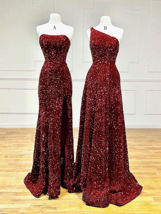 Ddbos Unique Velvet Sequin Mermaid Burgundy Long Prom Dress, Burgundy Formal Evening Dress