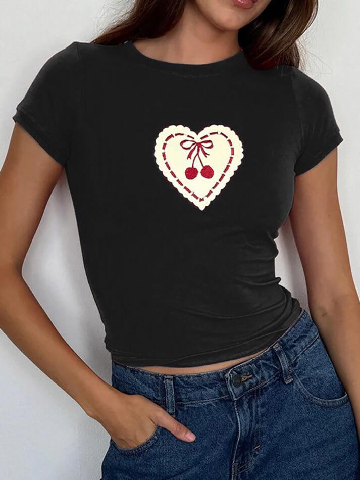 Ddbos - Embroidered Cherry Heart Baby Tee