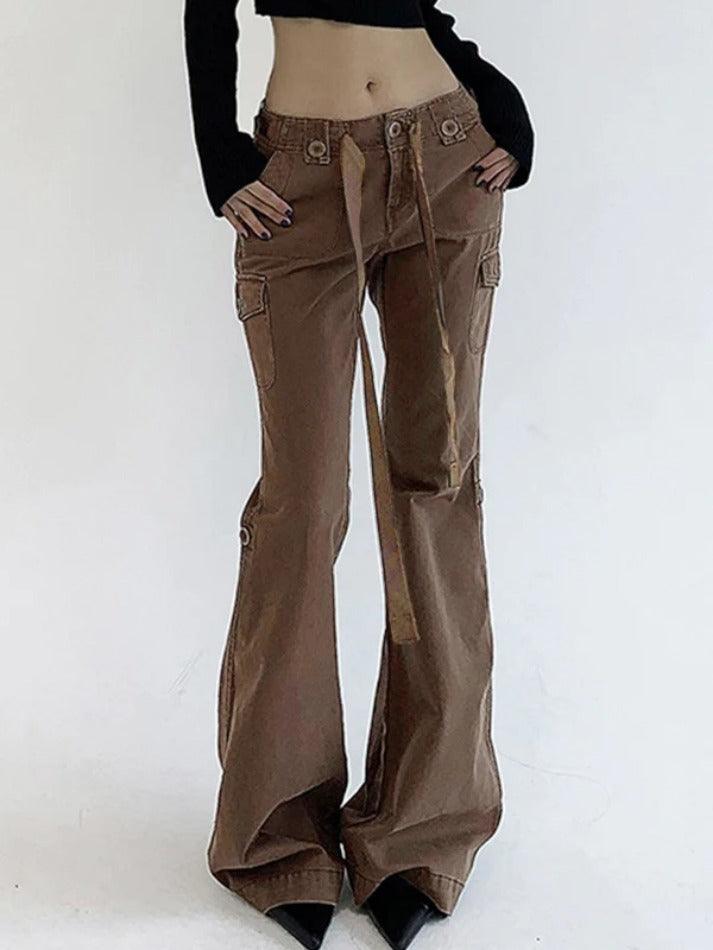 Ddbos - Vintage Brown Button Lace Up Flare Jeans