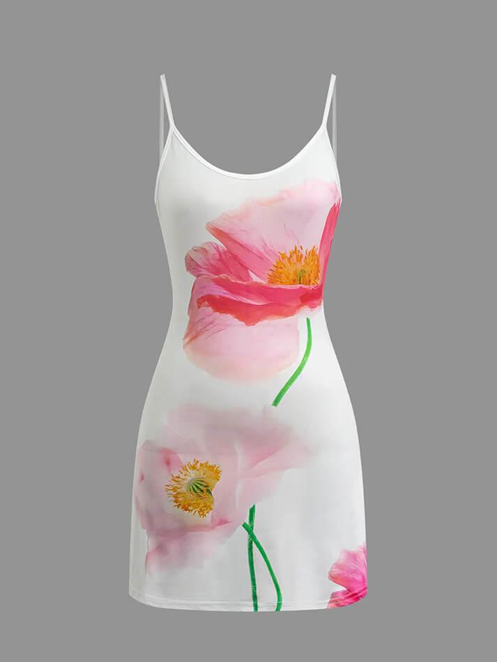 Ddbos - Floral Print Backless Slip Mini Dress