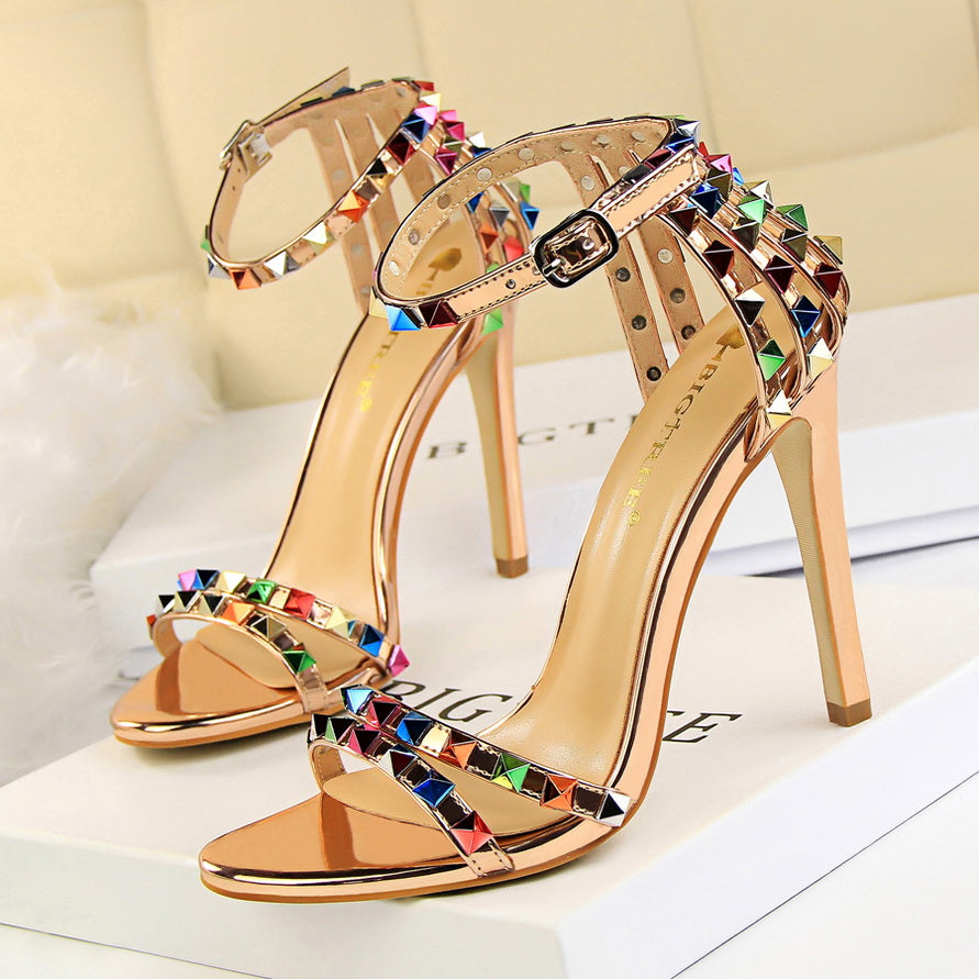 Ddbos Summer Women 11cm High Heels Rivets Studded Sandals Lady Sandles Stiletto Gladiator Pumps Stripper Fetish Open Toe Luxury Shoes