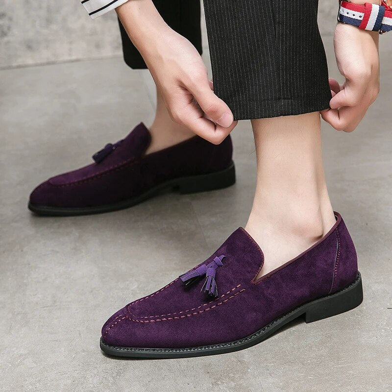 Ddbos Brand Design Men Suede Leather Shoes Moccasins Purple Tassel Pointed Men's Loafers Vintage Slip-on Casual Men Social Dress Shoe