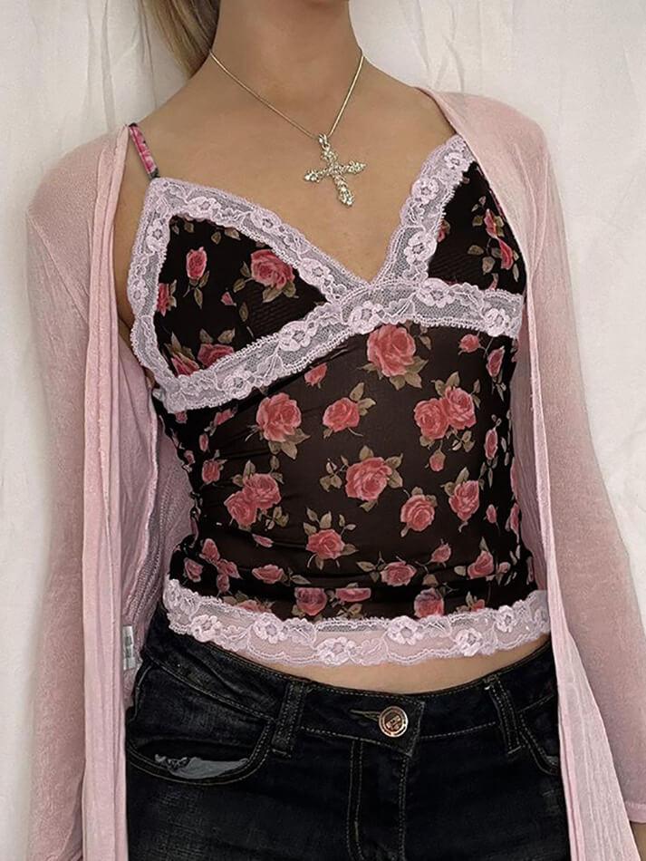 Ddbos - Rose Printed Lace Patchwork Mesh Cami Top