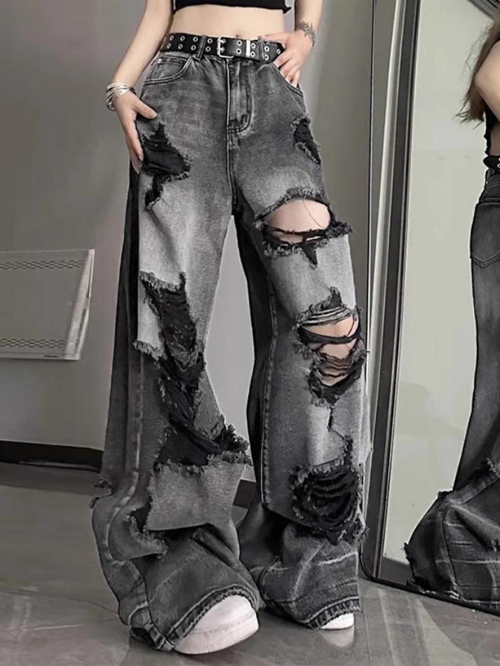 Ddbos - Washed Black Ripped Boyfriend Jeans