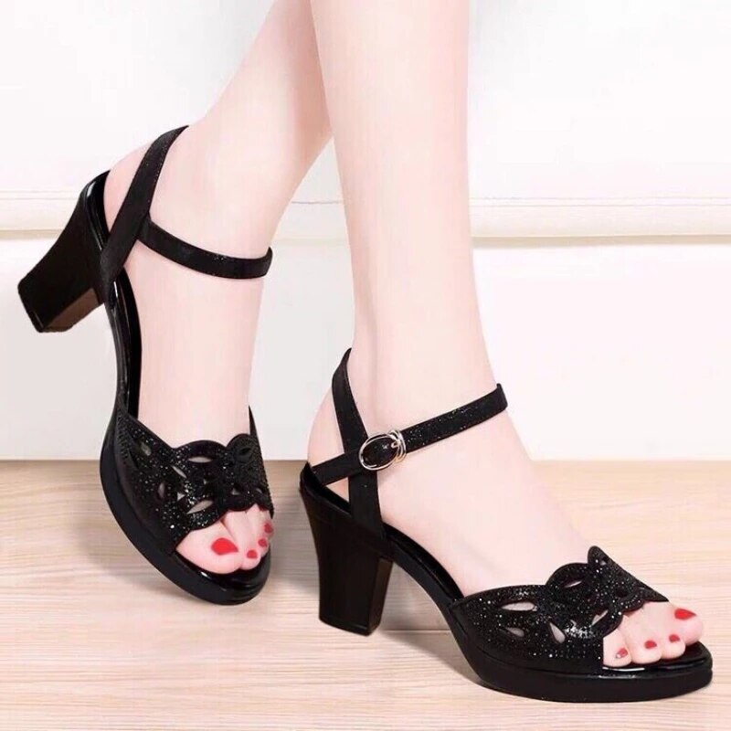 Ddbos New Thick Heel Sandals Women's Summer Fish Mouth Women's Shoes Rhinestone High Heels Women's Black Mother Shoes Women