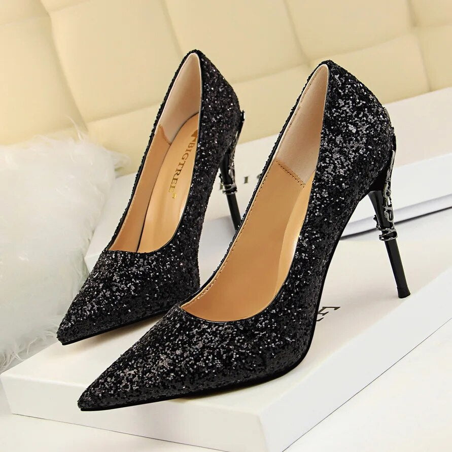 Ddbos Women 9.5cm High Heels Pumps Lady Stiletto Wedding Bridal Gold Silver Heels Nightclub Office Party Sparkly Sequins Bling Shoes