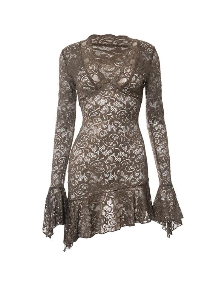 Ddbos - Lace V Neck Trumpet Sleeve Mini Dress