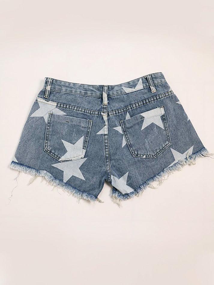 Ddbos - Random Star Print Ripped Low Rise Denim Shorts