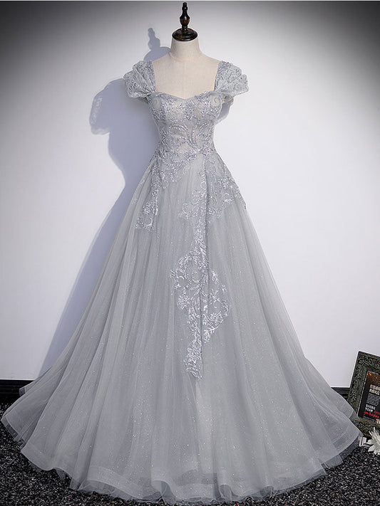 Ddbos Gray Sweetheart Neck Tulle Lace Long Prom Dress, Gray Evening Dress