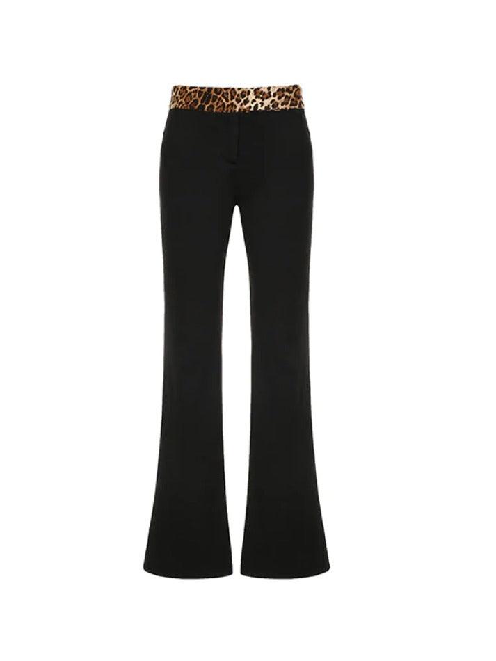 Ddbos - Leopard Splice Elastic Waist Flare Leg Pants