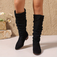 Ddbos Chic Black Stretch Knee-High Boots for Women - Slim Fit with Pointed Heel, Soft Velvet Lining & Durable Faux Leather