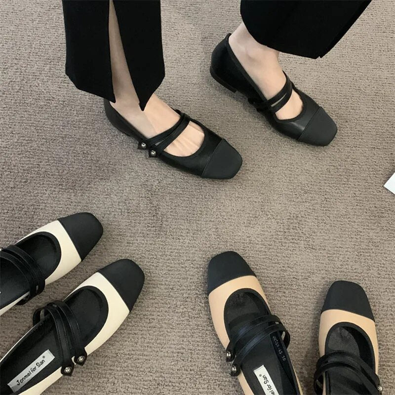 Ddbos New Women's Flats Patchwork Double Buckle Mary Janes Shoes Black Toe Leather Shoes For Female Spring Autumn Zapatos Mujer