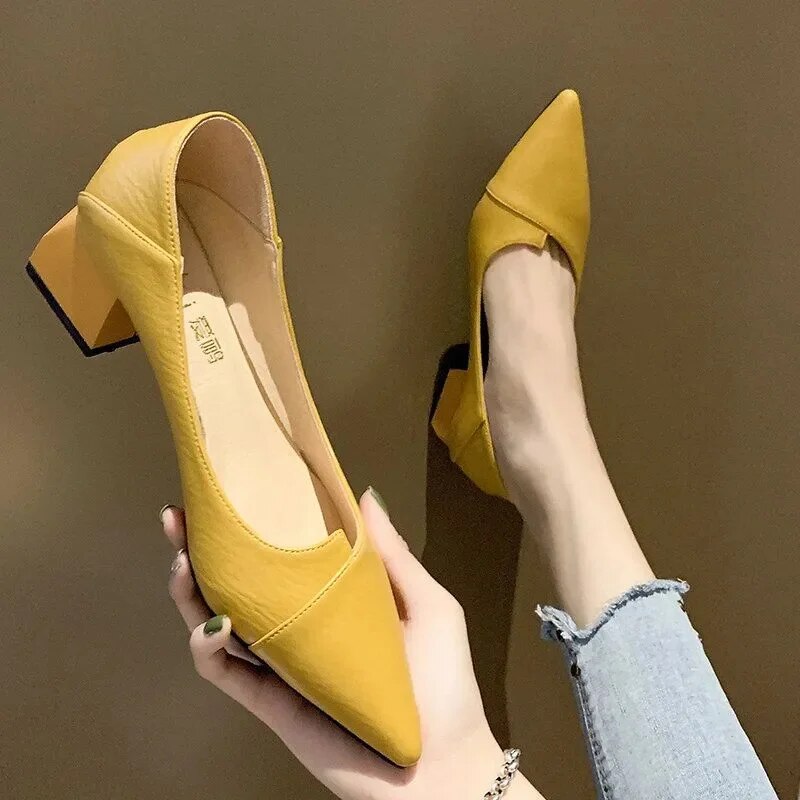 Ddbos Sapatos Femininas Fashion Sweet Yellow Pu Leather Spring Slip on Square Heel Shoes for Women Lady Office Pumps