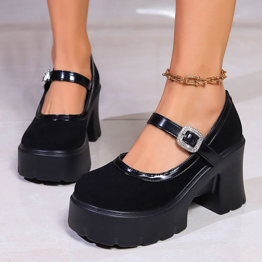 Crystal Buckle Mary Janes Women Black Round Toe Platform Pumps Woman Patchwork Super High Heel Party Shoes